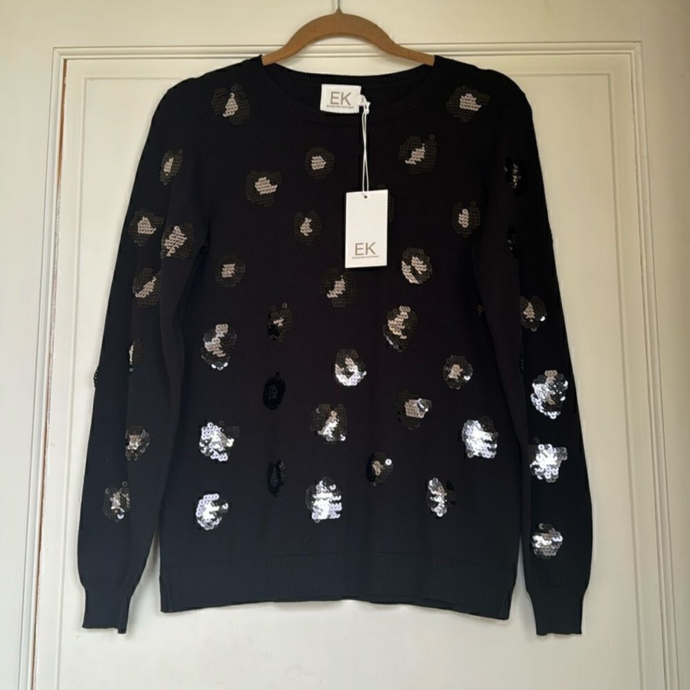 NEW With Tag Pima Cotton Crew Sweater With Leopard Sequin Detail By EK